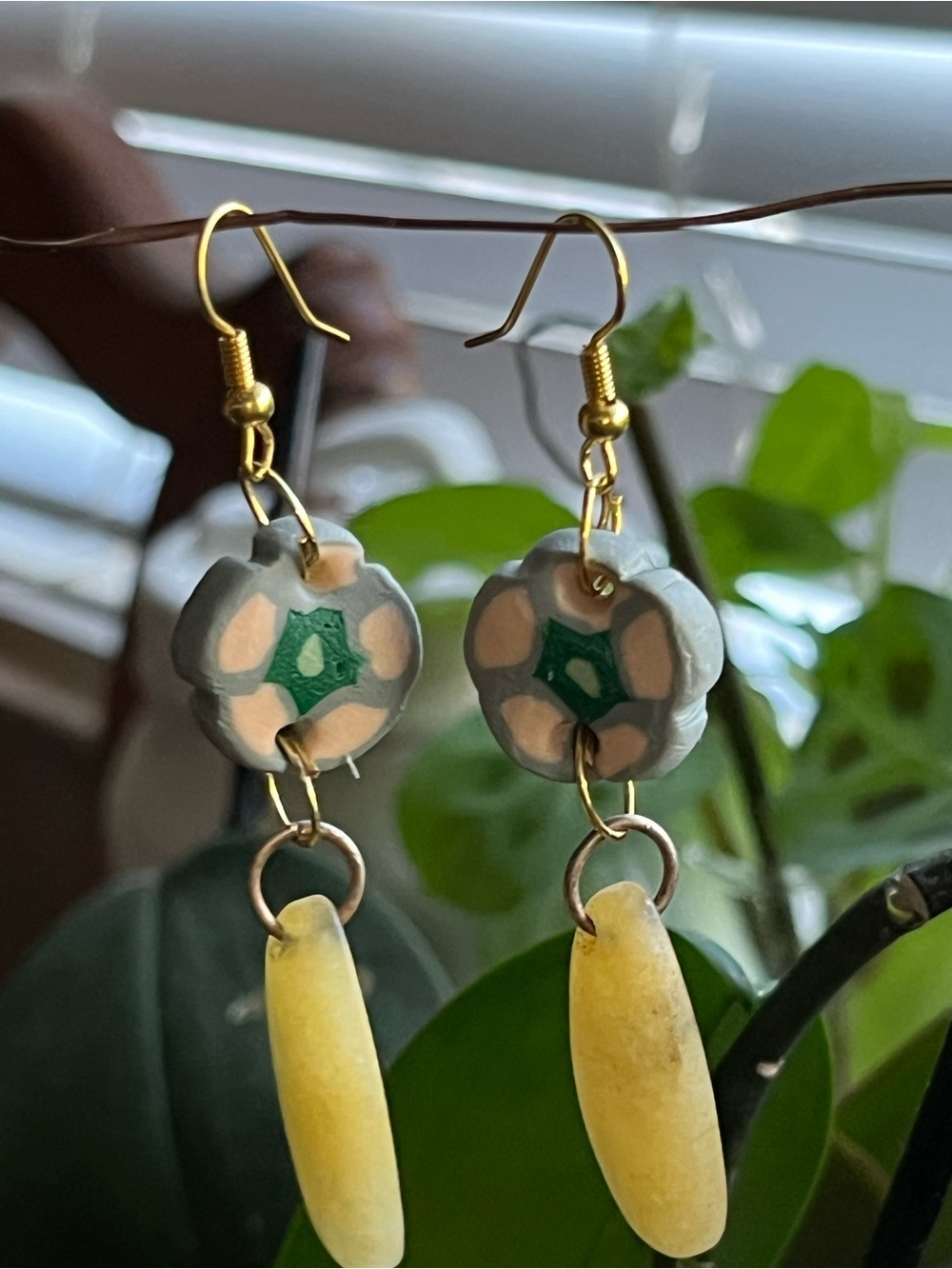 Handmade Floral Drop Earrings in Green, Cream & Yellow with Gold-Tone Hooks